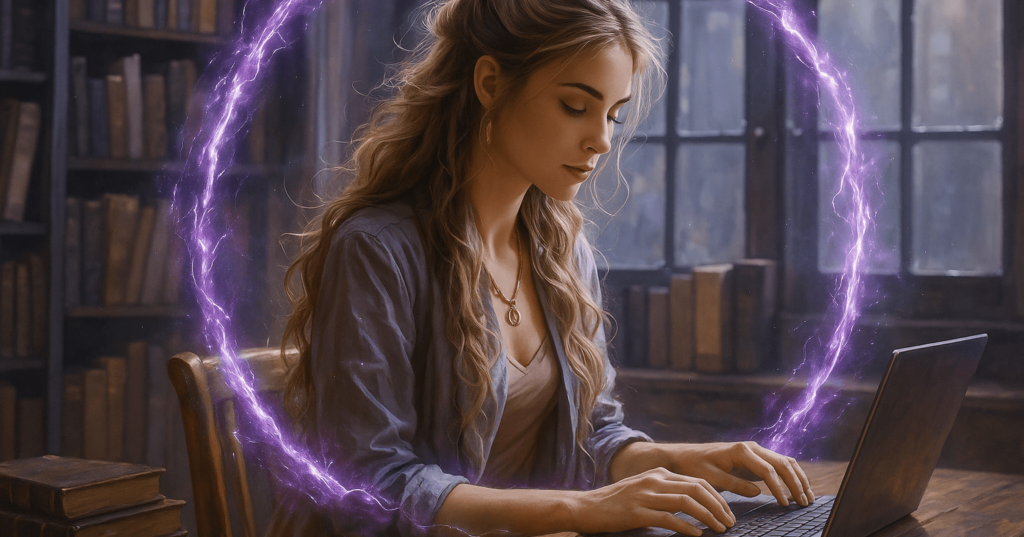 Mulher loira trabalhando no computador digitando e com alinhamento vibracional Áurea lilás
